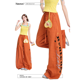 运动阔腿裤 NERESUM美式 裤 女潮牌多巴胺速干工装 字母刺绣格子裤