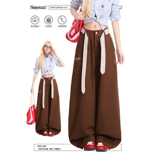复古阔腿垂感显瘦宽松直筒裤 女美式 裤 NERESUM咖啡色刺绣休闲工装