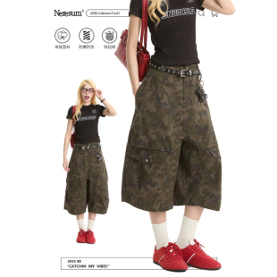 街头多口袋显瘦直筒短裤 NERESUM美式 女新款 七分裤 复古迷彩工装