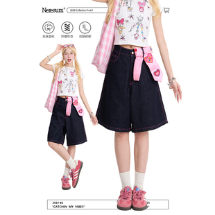 宽松休闲五分裤 NERESUM蓝色明线牛仔短裤 女字母印花复古百搭中裤