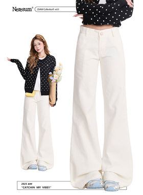 NERESUM白色灯芯绒裤子女潮牌口袋刺绣显瘦微喇裤新款百搭休闲裤