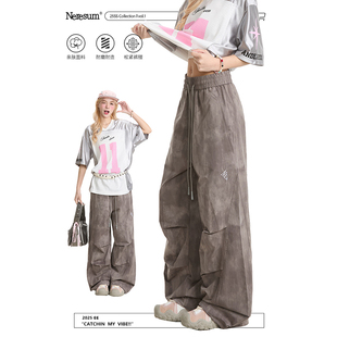 潮牌宽松速干显瘦伞兵直筒裤 NERESUM裤 裤 复古褶皱工装 子女美式