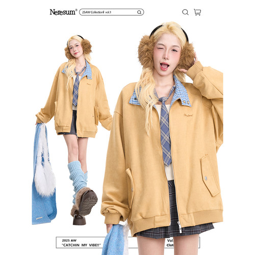 NERESUM麂皮绒格纹翻领夹克