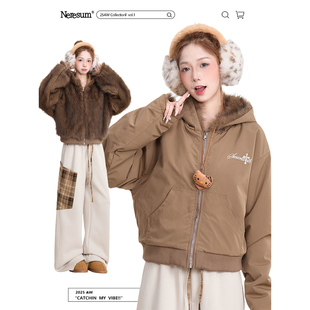 NERESUM美式毛领双面穿连帽棉服外套女秋冬潮牌宽松短款夹克棉衣