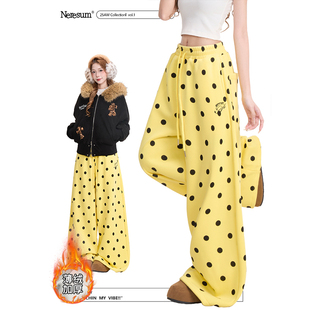 NERESUM波点满印卫裤女美式复古垂感休闲裤秋冬加厚直筒阔腿裤