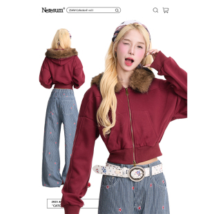 毛领宽松拉链短款 卫衣女秋季 百搭外套 复古连帽开衫 NERESUM美式