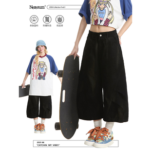 短裤 NERESUM美式 宽松直筒阔腿工装 女夏季 复古解构脏染七分裤