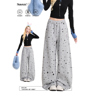 NERESUM灰色卫裤女秋冬美式满印星星直筒休闲裤垂感阔腿运动裤