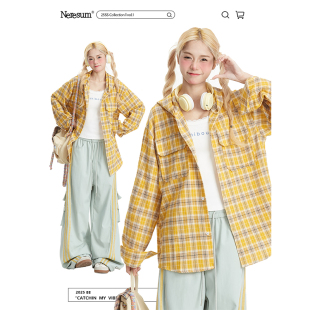 甜美设计感休闲衬衣外套 女宽松薄款 NERESUM美式 撞色格纹连帽衬衫