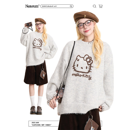 NERESUM慵懒风凯蒂猫提花毛衣