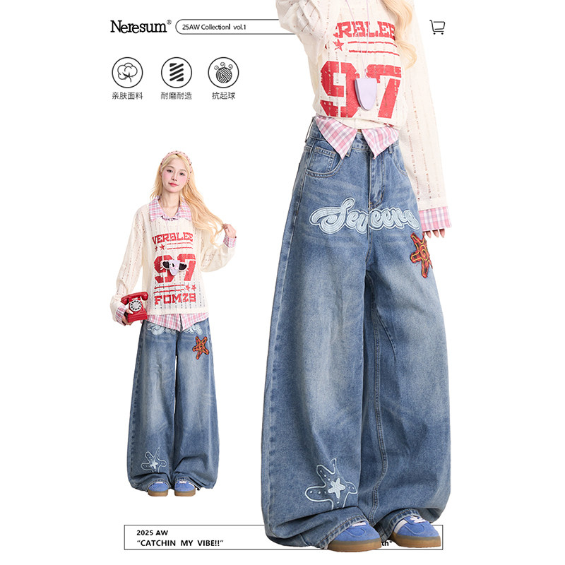 NERESUM牛仔裤女美式字母贴布刺绣阔腿裤街头宽松水洗直筒长裤