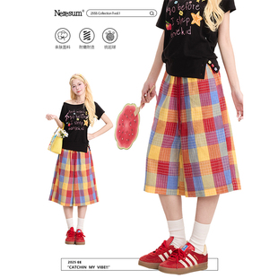 中裤 NERESUM多巴胺彩色格子休闲七分裤 女潮牌复古街头小众短裤