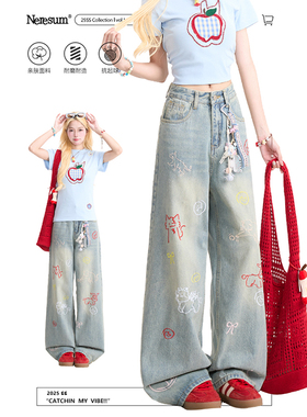 NERESUM趣味卡通刺绣牛仔裤女复古潮牌水洗裤子百搭直筒阔腿裤