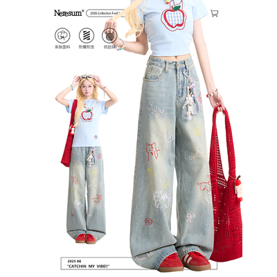 NERESUM趣味卡通刺绣牛仔裤