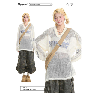 T恤女宽松街头透气防晒V领休闲罩衣 辣妹镂空长袖 NERESUM夏季 美式