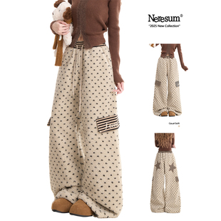 NERESUM冬季羊羔毛棉裤女条纹五角星贴布绣宽松保暖毛绒阔腿裤