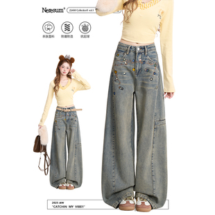 百搭显瘦阔腿裤 NERESUM卡通刺绣水洗牛仔裤 女潮牌复古宽松直筒裤