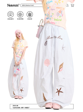 NERESUM趣味卡通海星印花白色工装裤女美式潮牌弯刀裤休闲阔腿裤