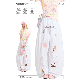 休闲阔腿裤 NERESUM趣味卡通海星印花白色工装 潮牌弯刀裤 女美式 裤