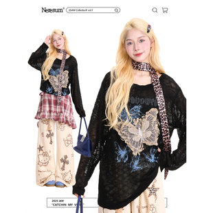 上衣 设计感慵懒微透防晒罩衫 NERESUM蝴蝶贴布刺绣长袖 T恤女美式