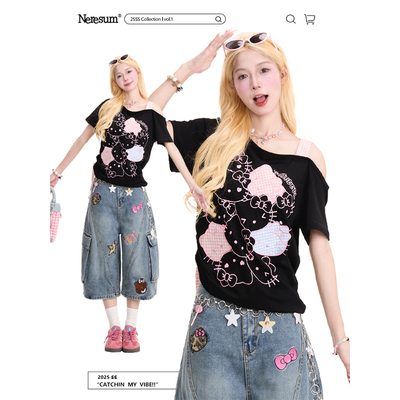 NERESUM可爱Kitty猫斜肩短袖