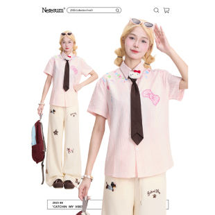 夏季 女潮牌减龄慵懒风新款 通勤衬衣 衬衫 NERESUM趣味涂鸦印花短袖