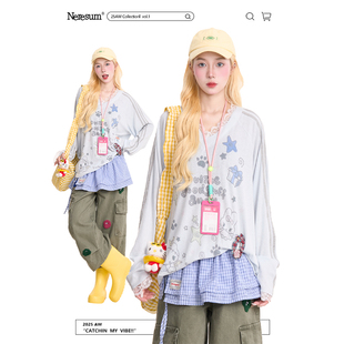 宽松上衣 复古条纹甜酷秋季 NERESUM卡通印花蕾丝拼接长袖 T恤女美式