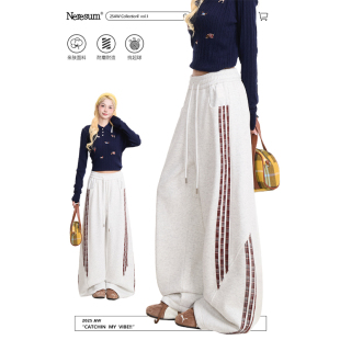 女慵懒风宽松百搭直筒休闲运动裤 NERESUM裤 子复古三条杠拼接卫裤