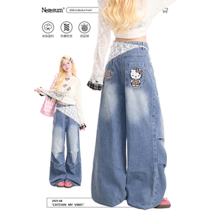 设计感休闲裤 做旧水洗褶皱阔腿裤 女美式 NERESUM复古Kitty猫牛仔裤