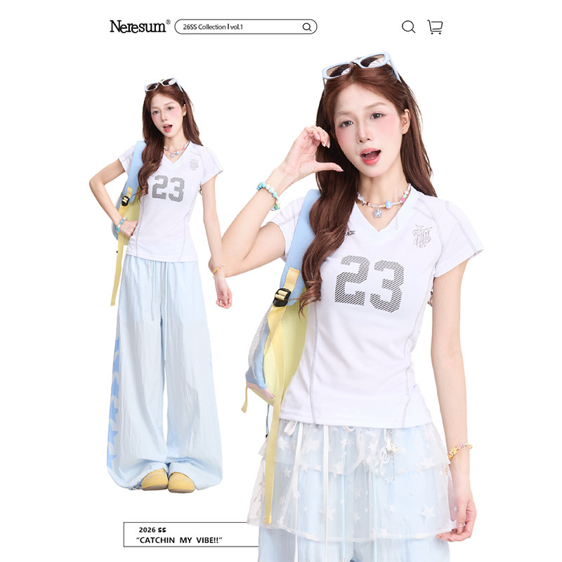 NERESUM美式数字印花V领短袖T恤女夏季复古运动风速干短款上衣,女装/女士精品,T恤,淘宝优惠券,粉丝福利购,淘宝优惠卷