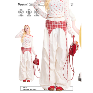 休闲显瘦阔腿裤 NERESUM复古格纹叠穿工装 褶皱伞兵裤 女美式 子 裤