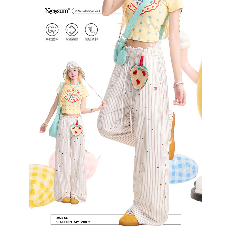 NERESUM爱心条纹裤子女休闲裤潮牌复古ins宽松阔腿显瘦垂感直筒裤,女装/女士精品,休闲裤,淘宝优惠券,粉丝福利购,淘宝优惠卷