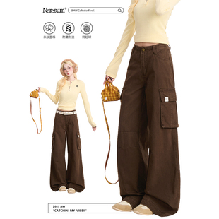 复古工装 宽松显瘦百搭裤 裤 水洗多口袋阔腿裤 子 女新款 NERESUM美式