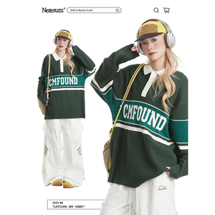 NERESUM美式 潮牌宽松百搭针织上衣 慵懒字母POLO领毛衣女春秋新款