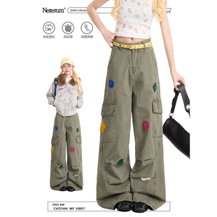 复古褶皱直筒水洗街头休闲裤 女美式 子 裤 NERESUM卡通毛巾刺绣工装