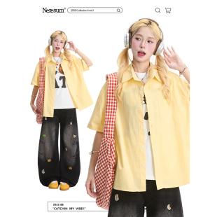 慵懒宽松显瘦百搭半袖 NERESUM美式 女潮牌夏季 衬衫 衬衣 纯色短袖