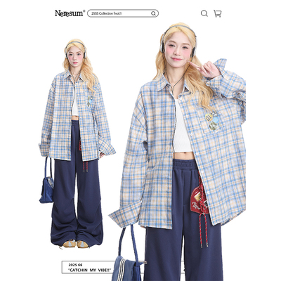 NERESUM复古防晒蓝色格子衬衫