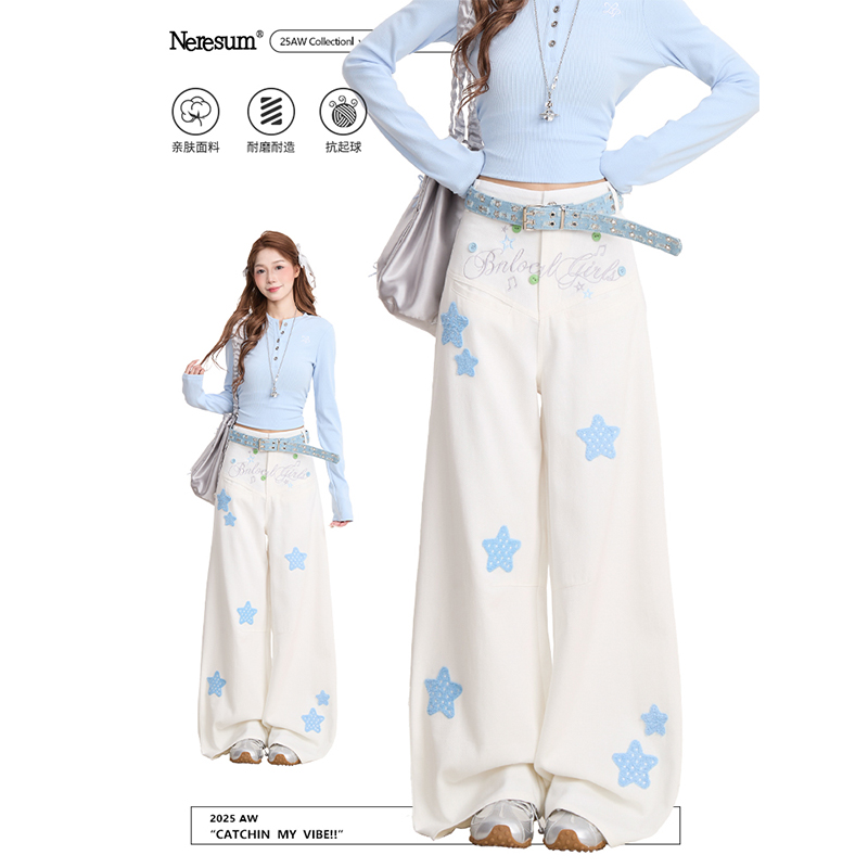 NERESUM星星字母刺绣直筒阔腿裤