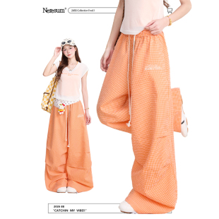 宽松速干直筒裤 NERESUM美式 裤 女潮牌褶皱阔腿工装 字母刺绣格子裤