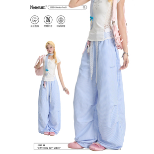 宽松速干百搭休闲裤 褶皱轻薄阔腿裤 子女美式 NERESUM蓝色条纹裤