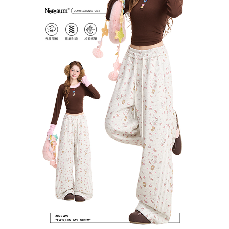 NERESUM满印Kitty猫条纹卫裤