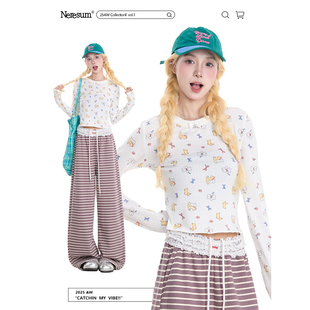 NERESUM可爱卡通满印长袖T恤女秋季新款童趣减龄百搭修身短款上衣