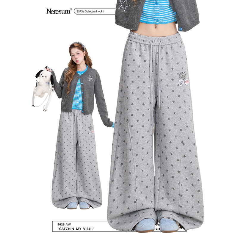 NERESUM美式满印星星卫裤女新款垂感弯刀阔腿裤潮牌宽松休闲裤,女装/女士精品,卫裤,淘宝优惠券,粉丝福利购,淘宝优惠卷