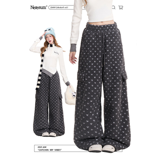 NERESUM冬季羊羔毛棉裤女美式慵懒直筒阔腿裤垂感宽松加厚休闲裤