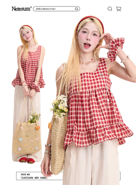 NERESUM甜美红色格子吊带背心女荷叶边设计感减龄无袖短款t恤上衣