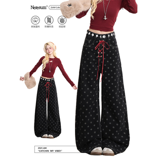 NERESUM复古满印星星牛仔裤女美式绑带设计感直筒裤小众阔腿裤