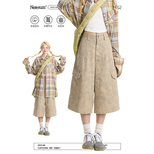 中裤 NERESUM美式 女复古水洗多口袋街头阔腿短裤 七分裤 迷彩工装