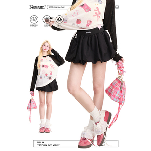 NERESUM蝴蝶结花苞裙女美式 高腰显瘦A字半身裙 复古蓬蓬短裙新款