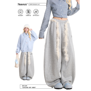 休闲弯刀裤 NERESUM美式 跳舞宽松阔腿裤 女新款 子 复古毛绒腰带卫裤