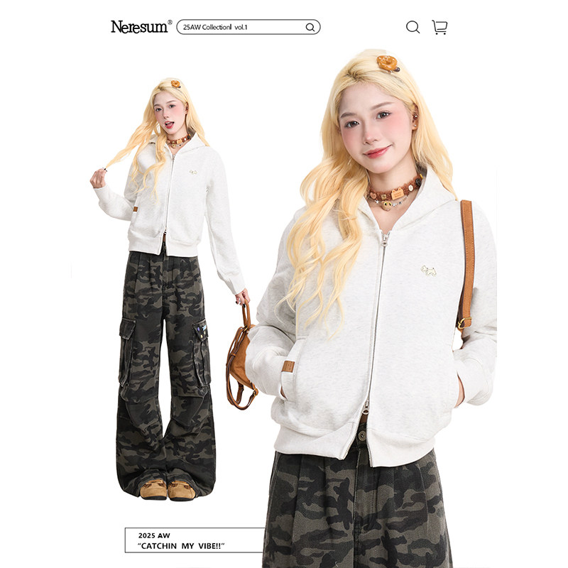 NERESUM白花灰美式开衫卫衣女秋冬潮牌双拉链百搭短款连帽外套,女装/女士精品,卫衣/绒衫,淘宝优惠券,粉丝福利购,淘宝优惠卷